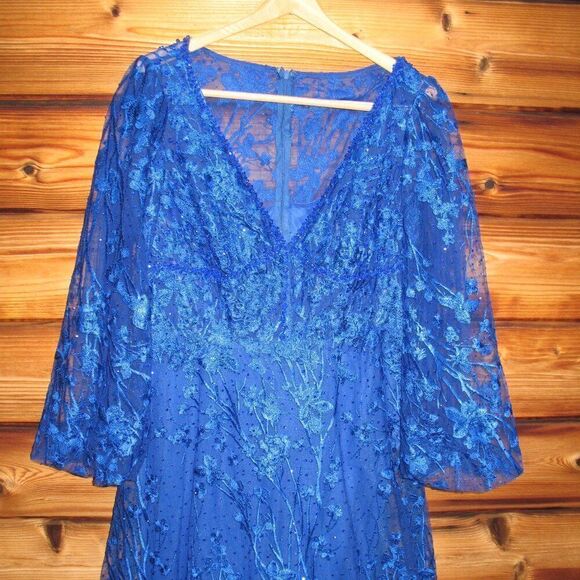 MAC DUGGAL 2051 Blue V-Neck Mesh Puff Sleeve A Line Embellished Tea Length Dress - Picture 7 of 13